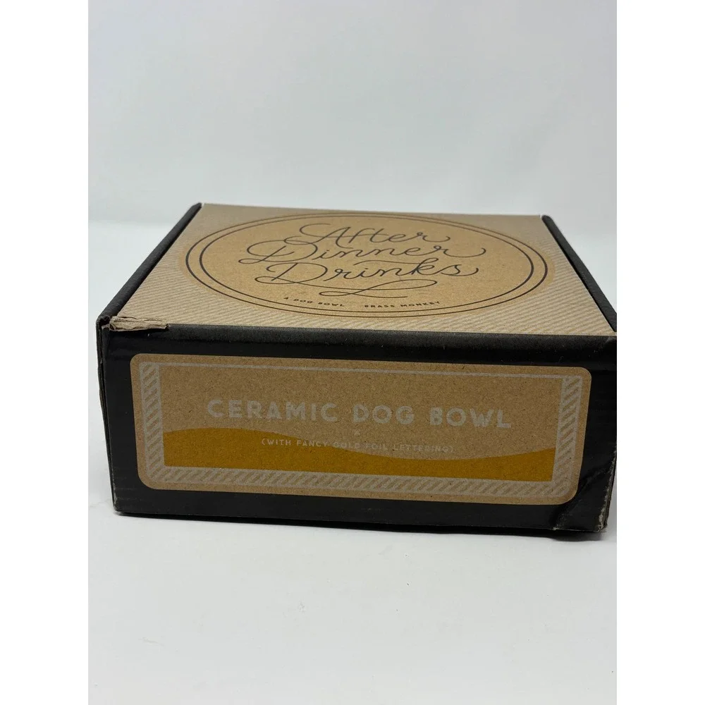 Brass Monkey After Dinner Drinks Ceramic Dog Bowl White Gold Foil lettering NIB